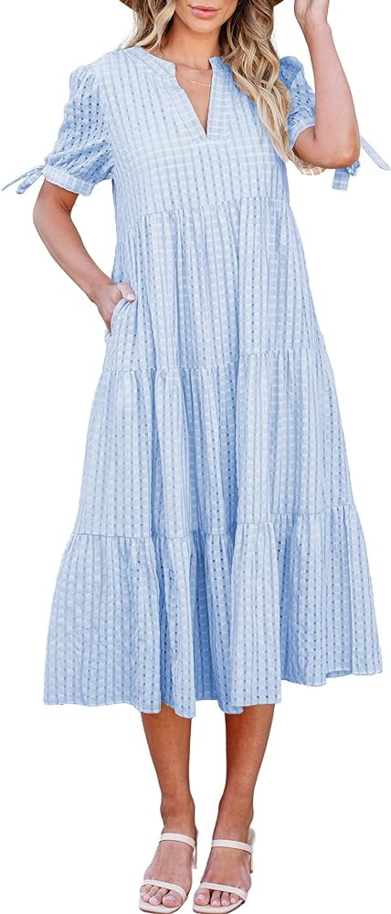 ECOWISH Women Summer Casual Dress - V Neck Short Sleeve Gingham Midi Pleated Tiered Loose Fit Hol... | Amazon (US)