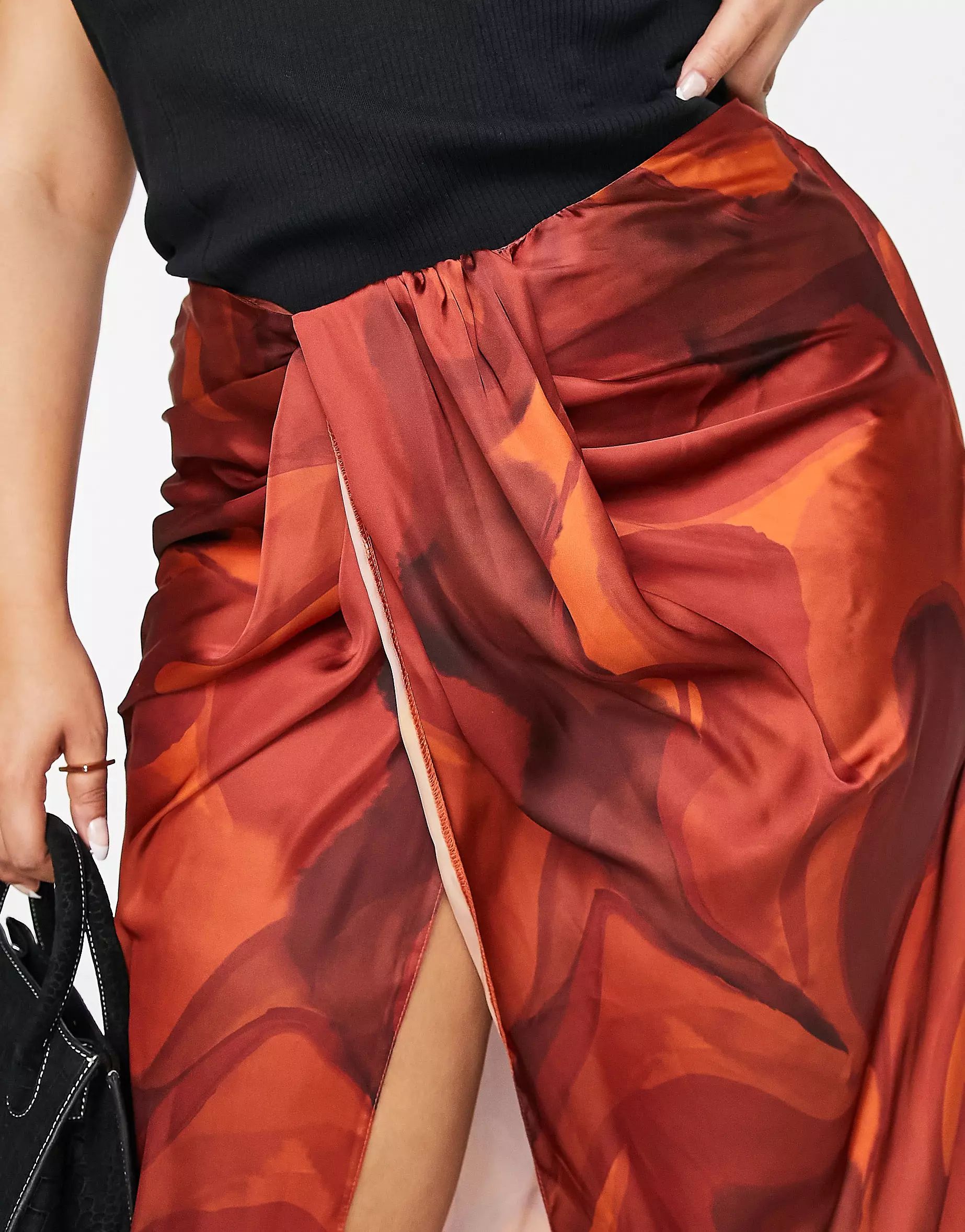 ASOS DESIGN Curve wrap drape midi skirt in brown swirl print - part of a set | ASOS | ASOS (Global)