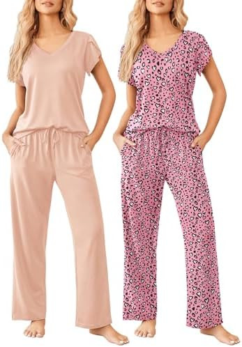 Ekouaer 2 Pack Womens Pajamas Short Sleeve Sleepwear Top with Pants Super-Soft Printed Lounge Set... | Amazon (US)