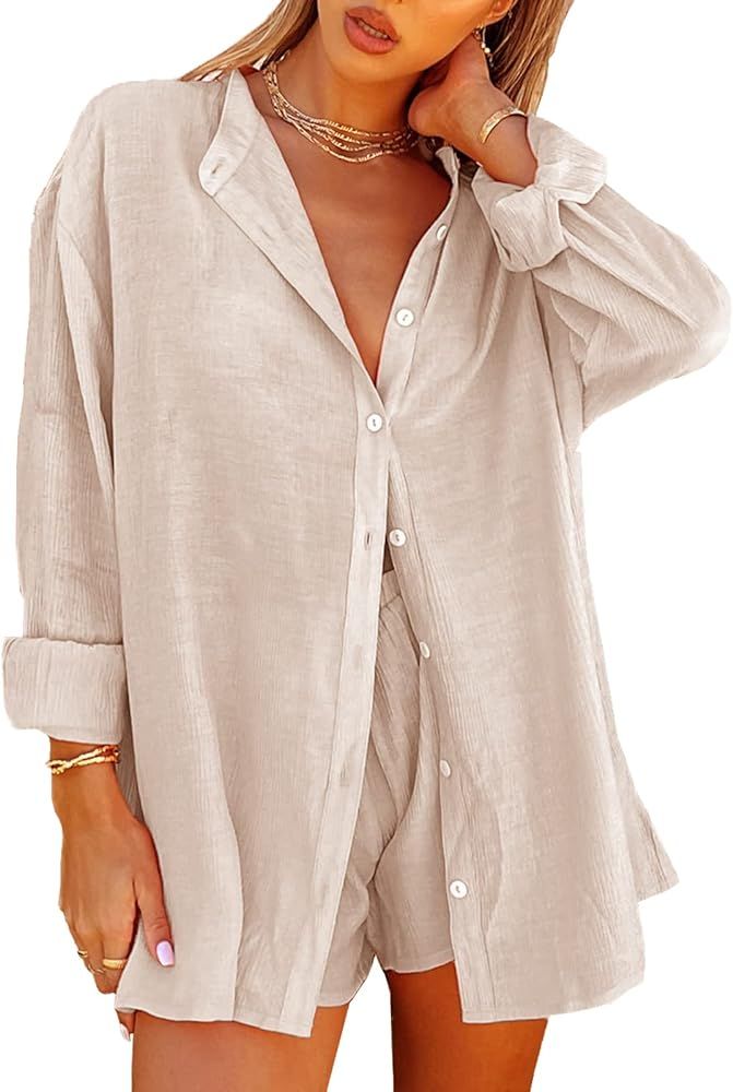 WONGCHOlCE Women Linen Set 2 Piece Shorts Set Long Sleeve Button Shirt Top and Drawstring Shorts ... | Amazon (US)