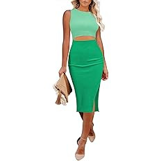 Pink Queen Women's Crew Neck Sleeveless Cutout Side Slit Knee Length Bodycon Midi Dress | Amazon (US)