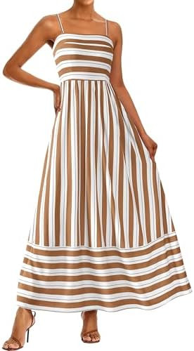 PRETTYGARDEN Women Summer Maxi Dresses 2025 Spaghetti Strap Boho Floral Striped Wedding Guest Bea... | Amazon (US)