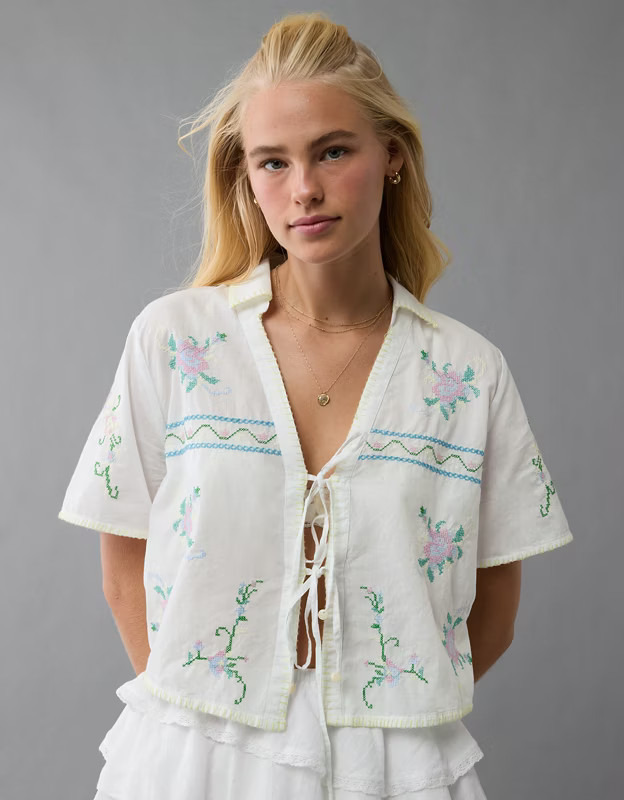 AE Collared Tie Front Embroidered Shirt | American Eagle Outfitters (US & CA)