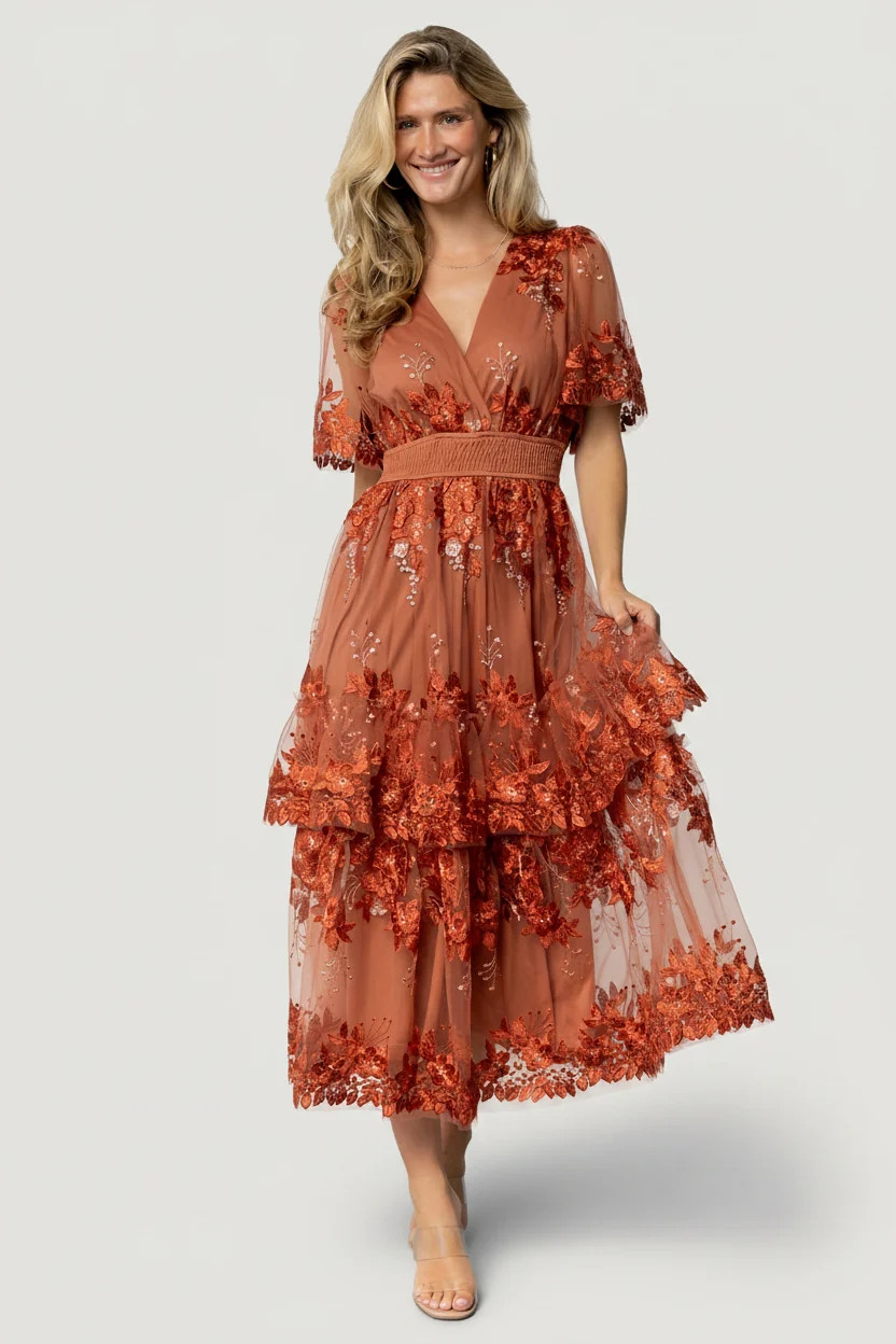 Lotte Embroidered Midi Dress — Rust Tulle | Baltic Born | Baltic Born