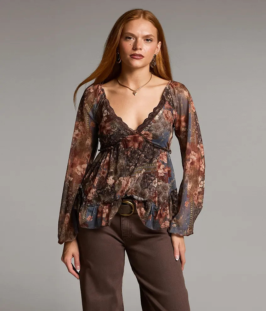 Floral Mesh Ruffle Top | Buckle
