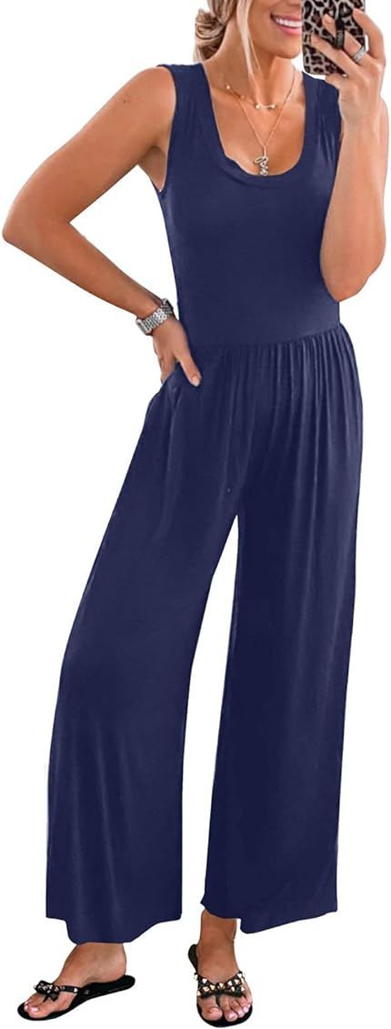 BLENCOT Womens Casual Loose Sleeveless Adjustable Spaghetti Strap Jumpsuits Long Pant Romper Jumpsui | Amazon (US)