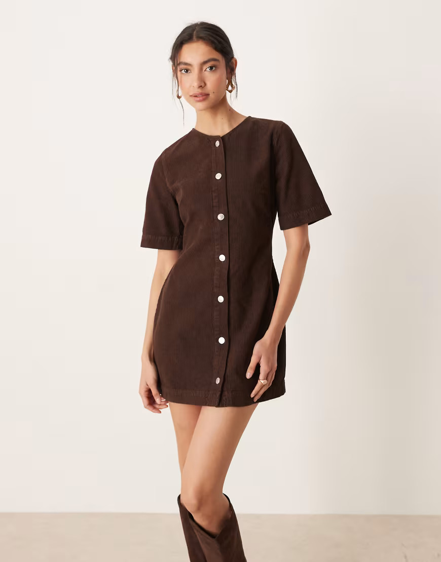 ASOS DESIGN corduroy button through mini dress in chocolate brown | ASOS (Global)