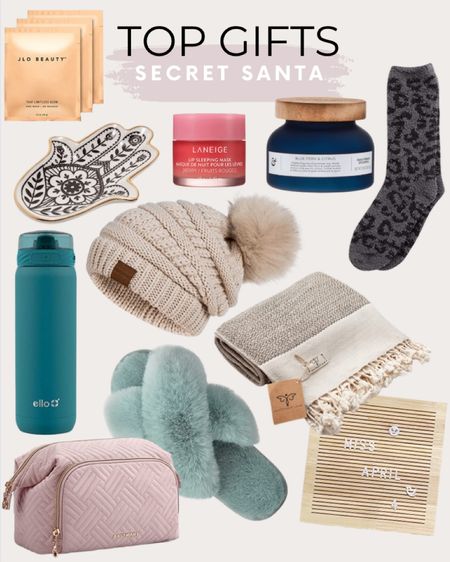 Secret Santa gifts just got a little easier with this gift guide including, Better Home and Gardens candle, fuzzy socks, tasseled throw blanket, letter board, fuzzy cross cross slippers, makeup bag, water bottle, winter hat, jewelry tray, lip mask, and face masks.

Beauty, gift guide, secret Santa, Christmas gifts, gifts for her, gifts for him

#LTKbeauty #LTKunder100 #LTKGiftGuide