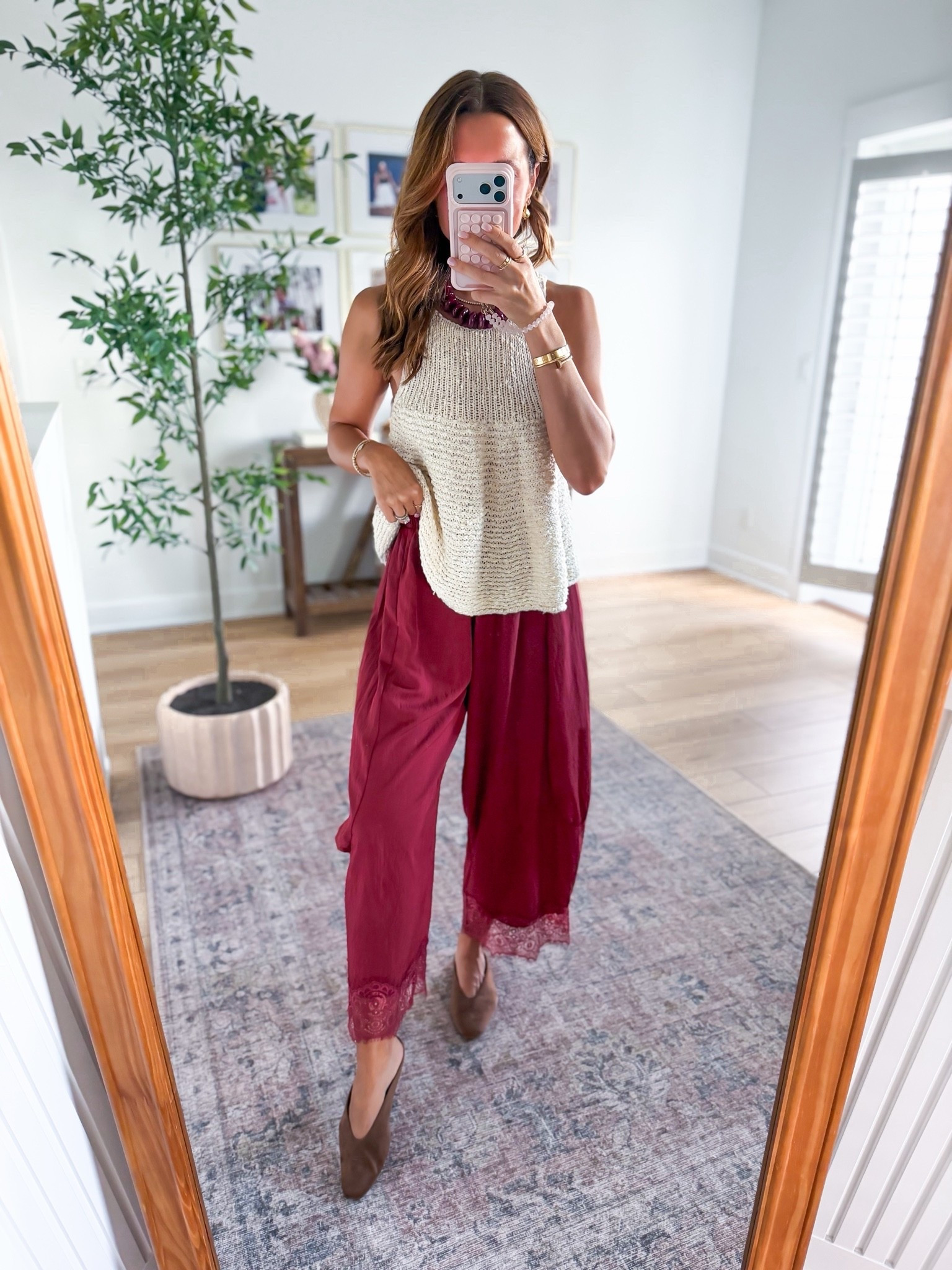 My school drop-off outfit of the day! Elevated casual outfit. Mom outfit. Fall outfit. Fall style. Sweater tank in XXS. Lace crop pants in XS with adjustable drawstring waist. Fall mules are TTS and designer-inspired! Anthropologie beaded necklace.

#LTKootd #LTKmomlife #LTKSeasonal