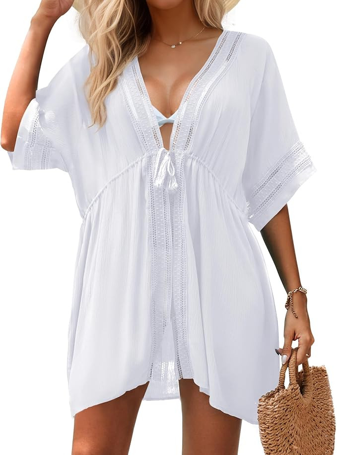 Women Swimsuit Cover Up 3/4 Bell Sleeve Boho Bathing Suit Coverups Hollow Out Kimonos Cardigans f... | Amazon (US)