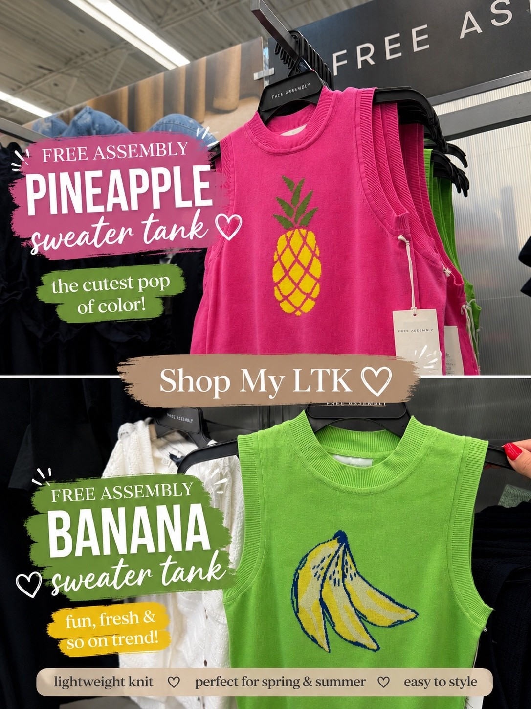 The cutest Free Assembly sweater tanks 🍍🍌 A fun pop of color for summer vacations, brunch, beach days & everyday outfits.

#LTKootd #LTKgrwm #LTKPetite