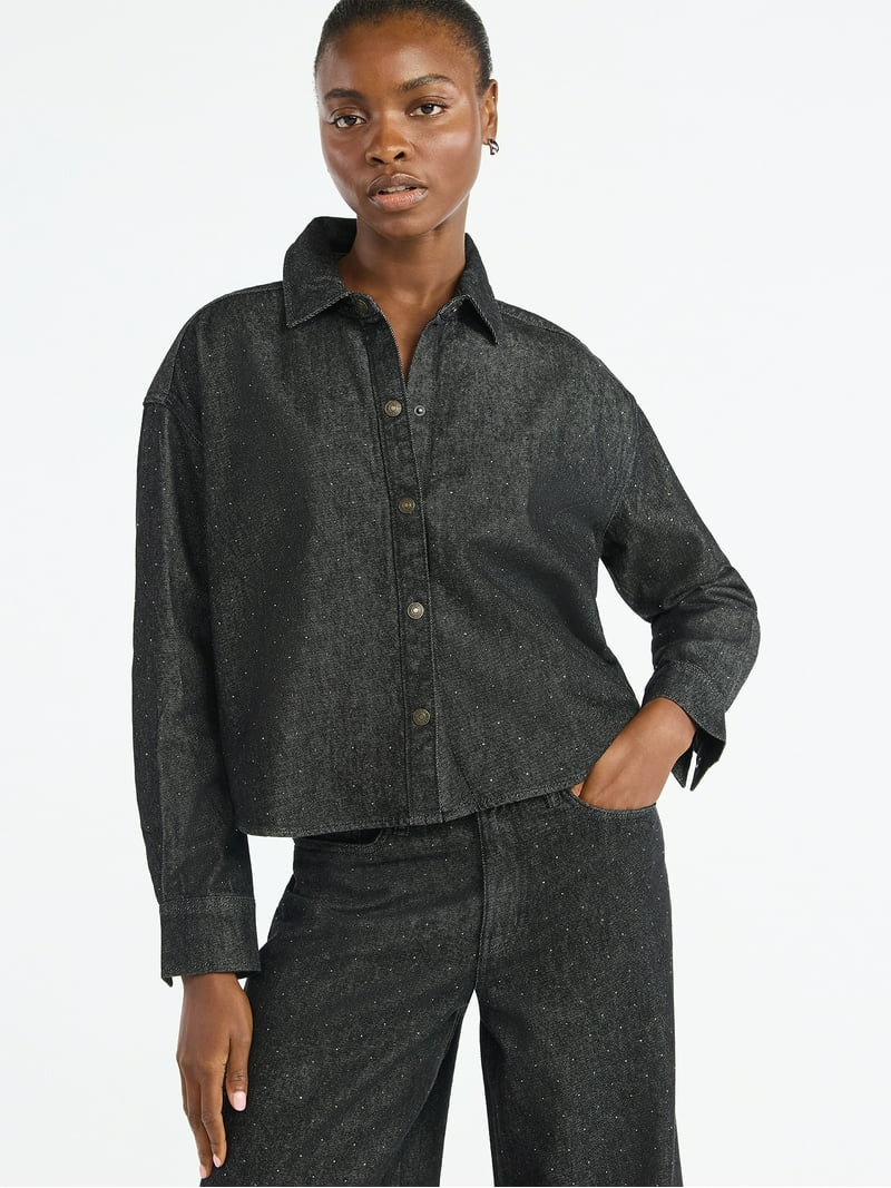 Scoop Women’s Rhinestone Embellished Cotton Denim Shirt with Long Sleeves, Sizes XS-XXL | Walmart (US)