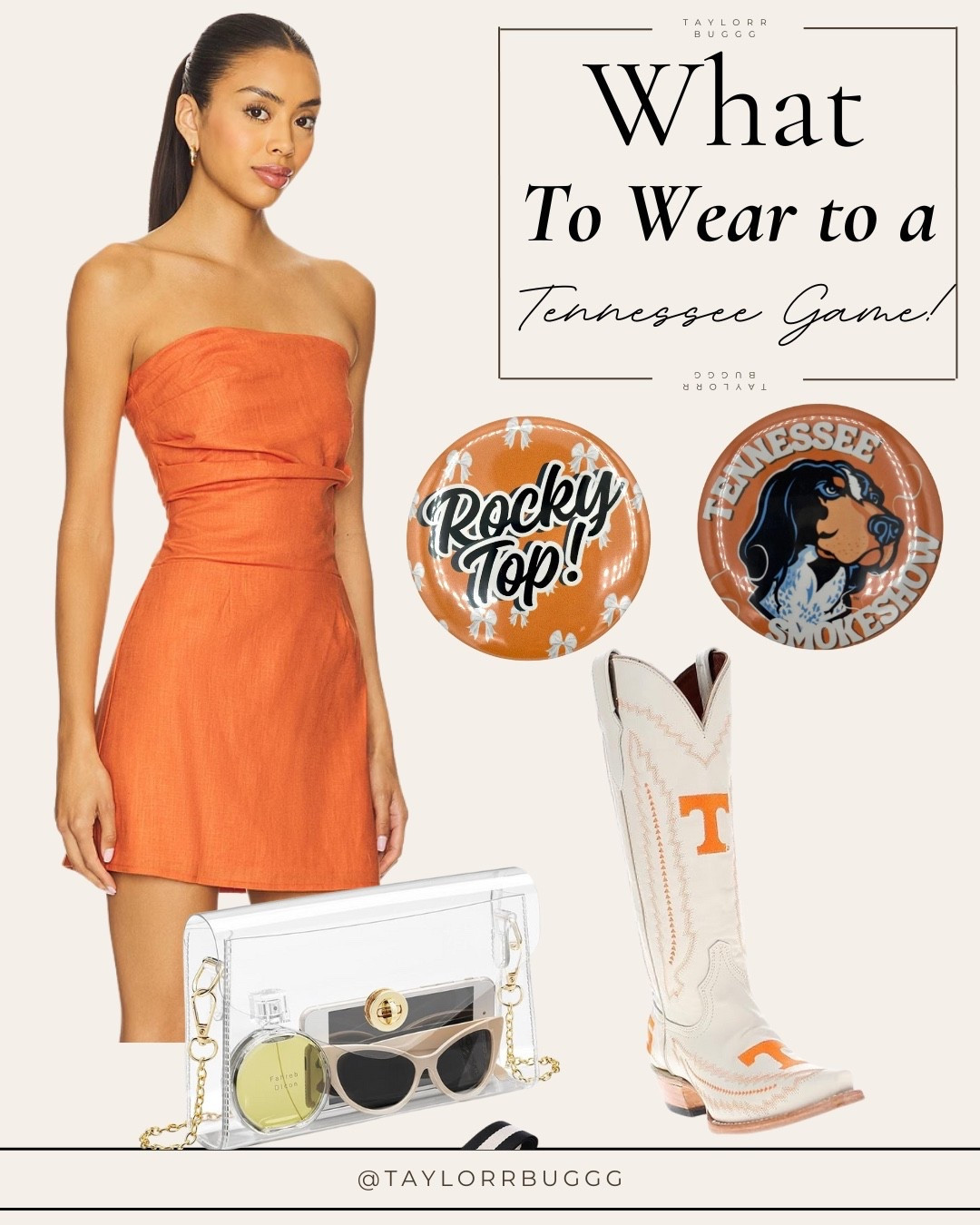 Smokin’ hot for Smokey 🧡🐶
Tennessee girls, this is your sign to show up and show out! Orange linen + custom Vols boots + your clear bag essentials = a Rocky Top smokeshow. Whether you’re tailgating or two-stepping, this look is Neyland-ready and turning heads. Linked everything you need for game day perfection!