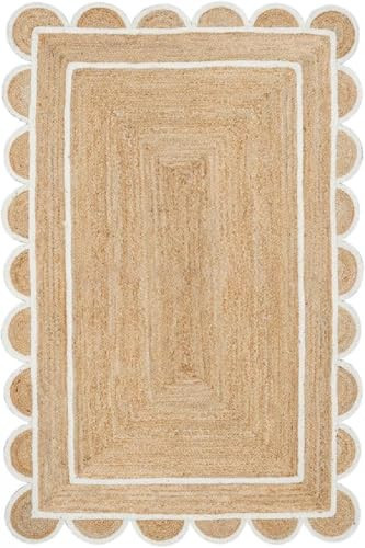 Shree Exports Hand Woven Farmhouse Jute Area Scalloped Rug Natural Base Off White Pattern Bohemian Stylish and Durable Runner Rug (White, 4x6 Feet) | Amazon (US)