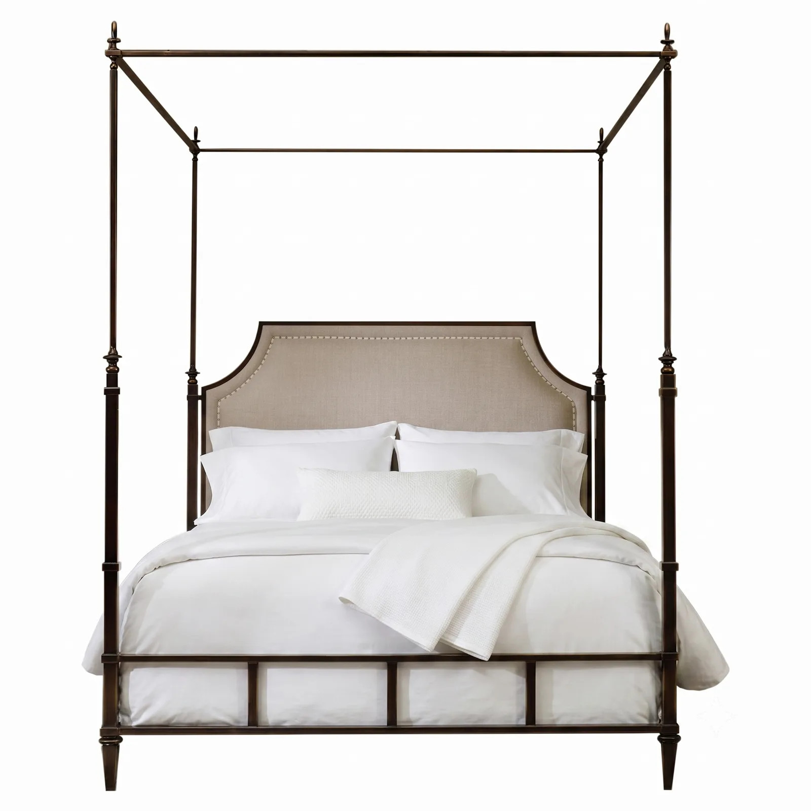 Arden Updated Traditional Cream Linen Bronze Metal Canopy Bed - Queen | Kathy Kuo Home