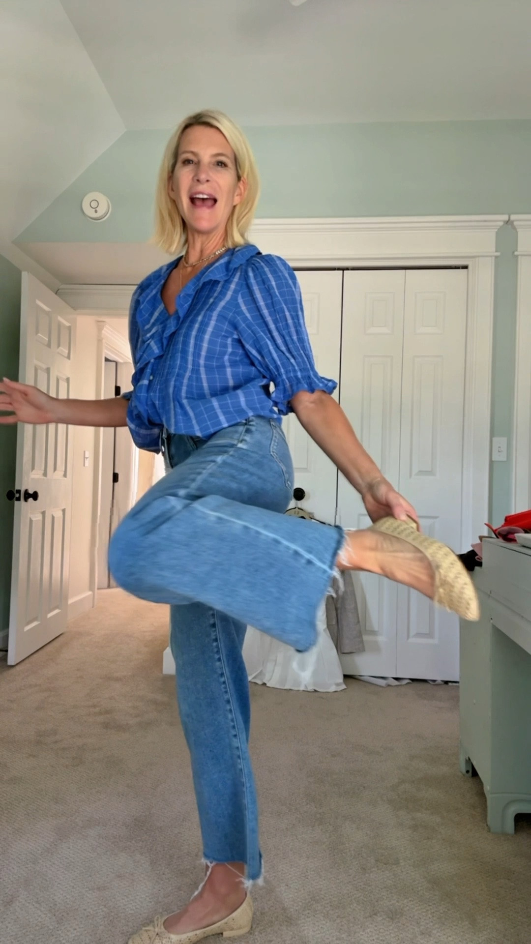 Ootd!  Greatest ruffle collar shirt, with raffia ballet flats and the next jeans I’ve gotten in a long time.  Wearing my new blue heart tennis necklace and initial necklace :)

#LTKootd #LTKOver40 #LTKSaleAlert