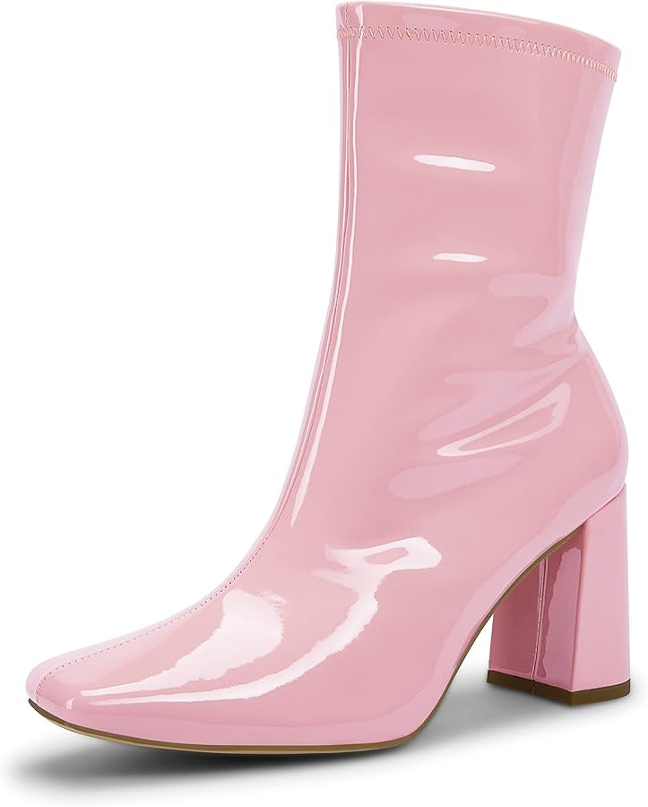 Coutgo Womens Square Toe Gogo Mid Calf Booties Patent Leather High Chunky Block Heel Side Zipper ... | Amazon (US)