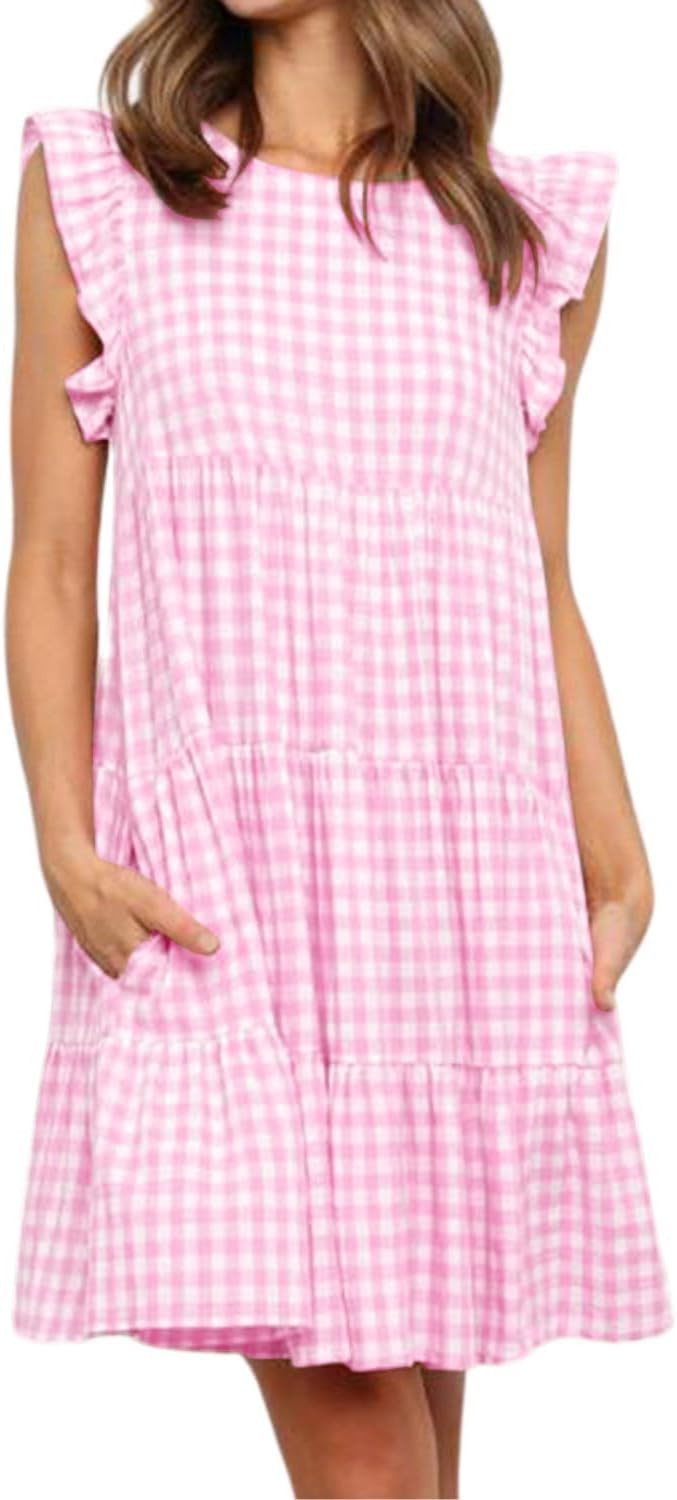 chouyatou Women's Summer Ruffle Puff Sleeve Babydoll Dress Cute Gingham Plaid Printed Tiered Midi... | Amazon (US)