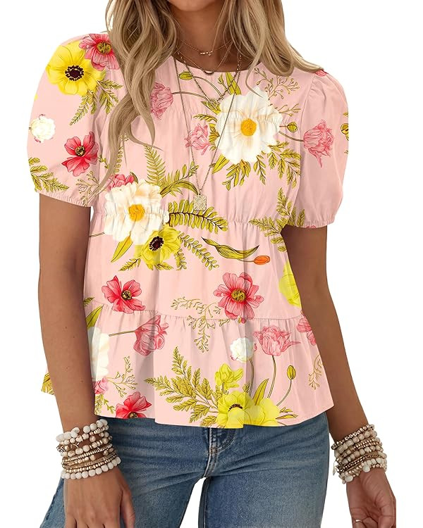 Rapbin Womens Puff Short Sleeve Babydoll Tops Summer Peplum Pleated Cotton T Shirts Casual Loose ... | Amazon (CA)