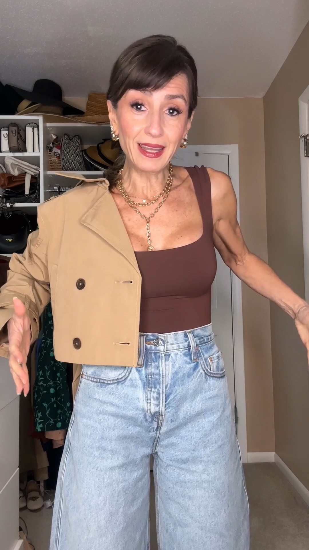 This cropped trench coat is just perfection! I sized down to an XXS to get a less loose look.

Jeans I also sized down to a 23. 

Bodysuit fits true to size and Manolo Blahnik Caroline slingbacks fit small. I sized up half a size.

#LTKFindsUnder50 #LTKOver40 #LTKStyleTip