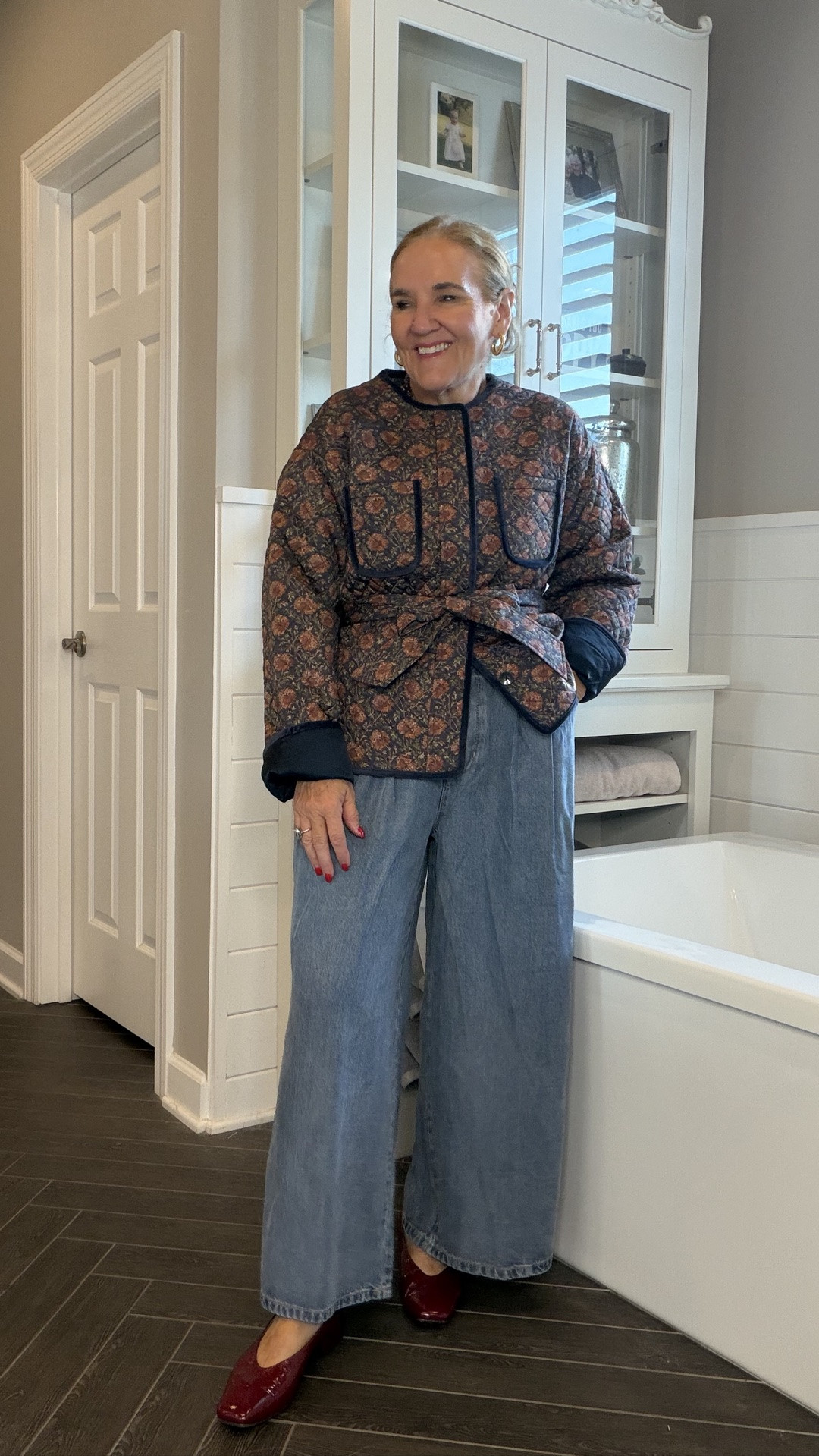 Quilted jacket trimmed in velvet fully lined med 
Jeans are 50% off with code VIPWKND wearing a medium
My tank size medium is my favorite wide strap  tank

#LTKOver40 #LTKPetite #LTKSeasonal