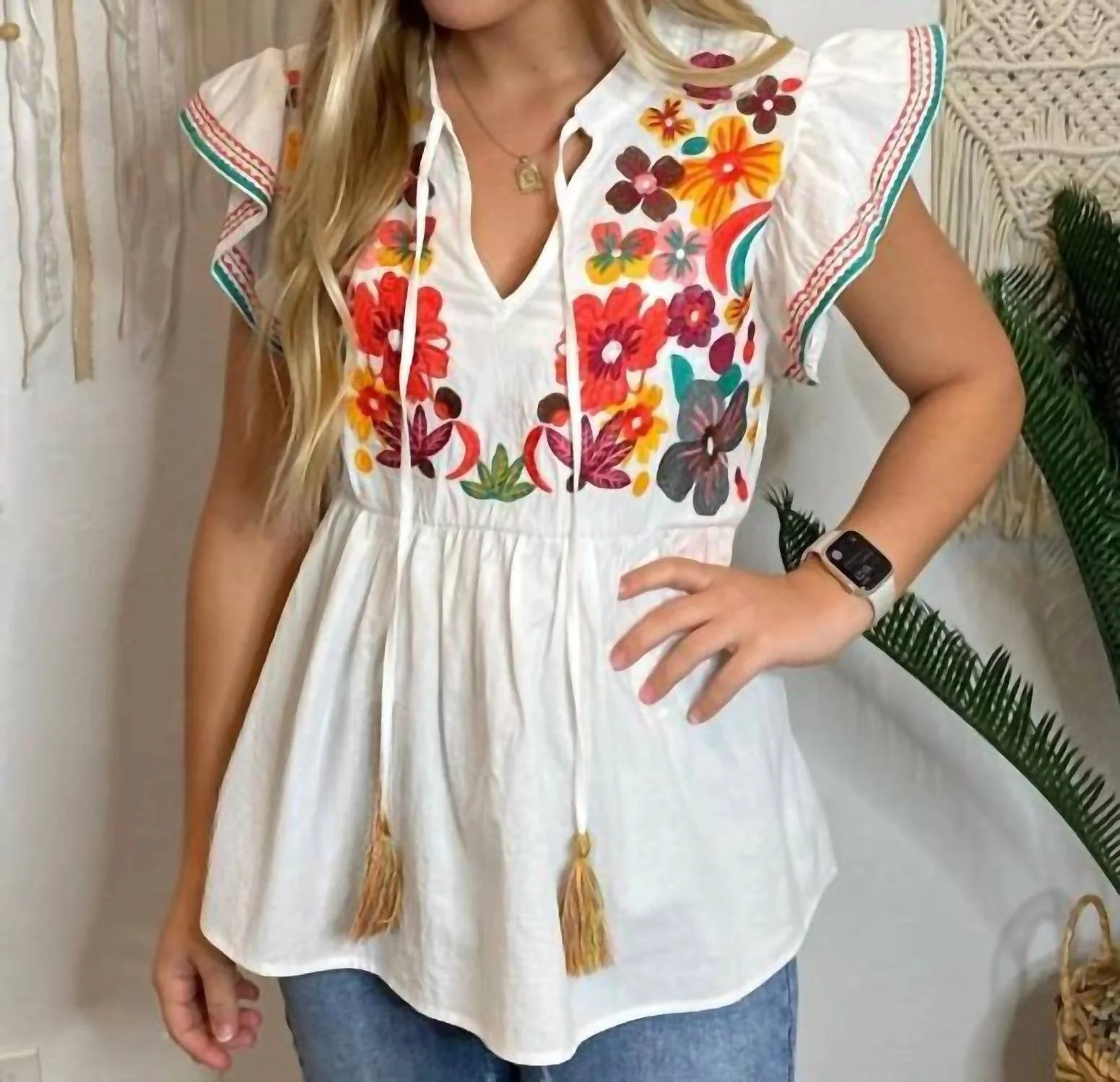 Boho Top With Embroidered Flowers In White | Shop Simon