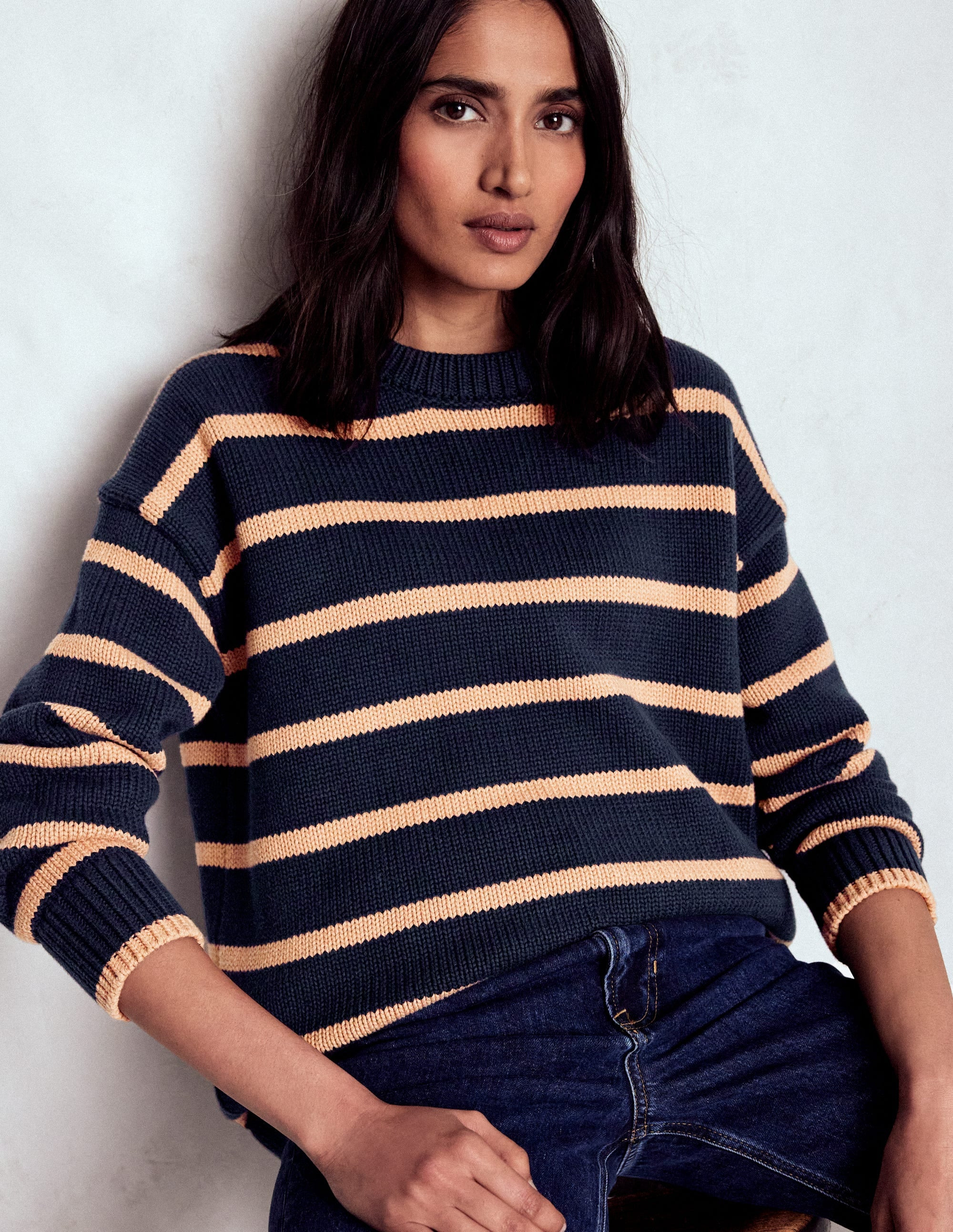 Lucy Oversized Cotton Jumper-Navy/ Camel Melange | Boden UK