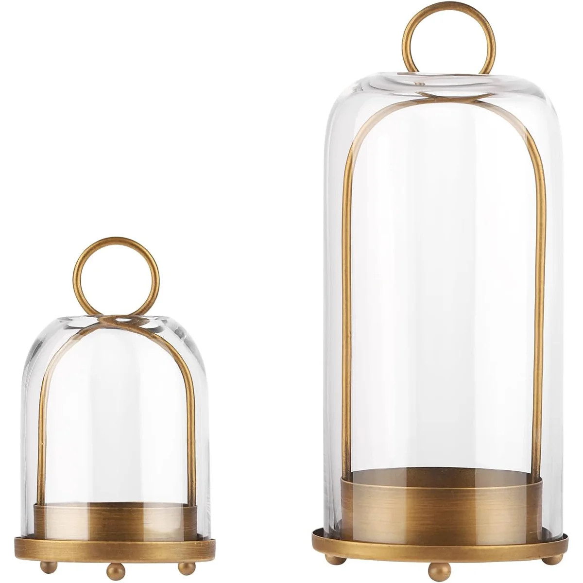 Set of 2 Brass Rim Glass Cloche Candle Holders, Clear Dome Display Jars with Ring Handle Table De... | Wayfair North America