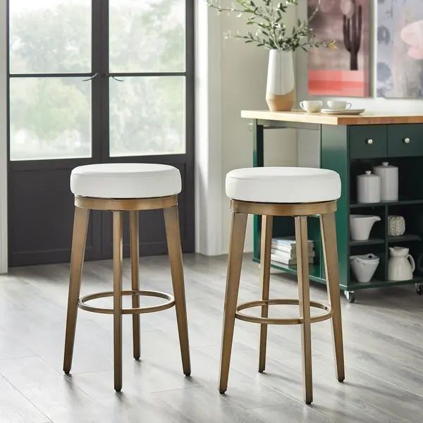 angelo:HOME Linden Faux Leather/ Brushed Metal Swivel Stool (Set of 2) - White/Brass - Bar height | Bed Bath & Beyond
