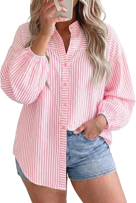 Eytino Plus Size Striped Button Down Shirts Puff Sleeve Blouse, 1X-5X | Amazon (US)