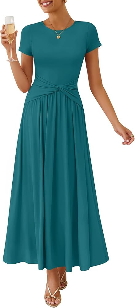 ZESICA Women's 2026 Summer Short Sleeve Maxi Dresses Twist Front Wedding Guest Cocktail Flowy A L... | Amazon (US)