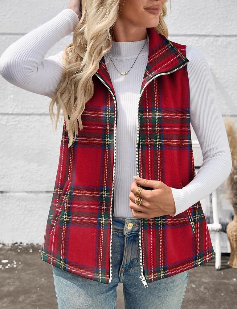Rapbin Women's Plaid Outerwear Vests Tops Zip Up Collared Sleeveless Jacket with Pockects | Amazon (US)