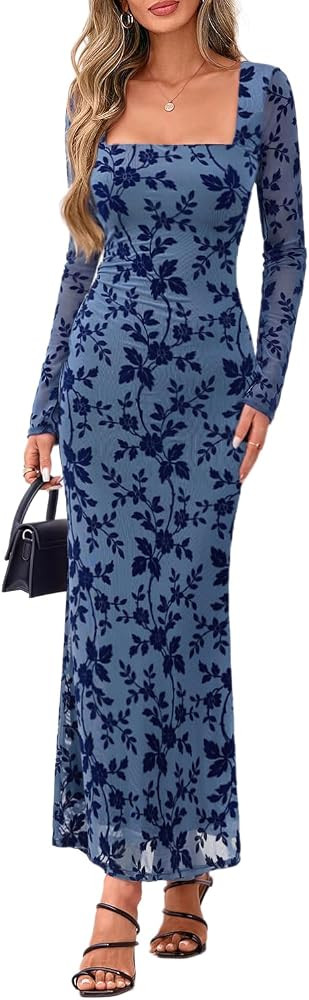 REORIA Womens Square Neck Long Sleeve Floral Mesh Ruched Bodycon Maxi Dress | Amazon (US)