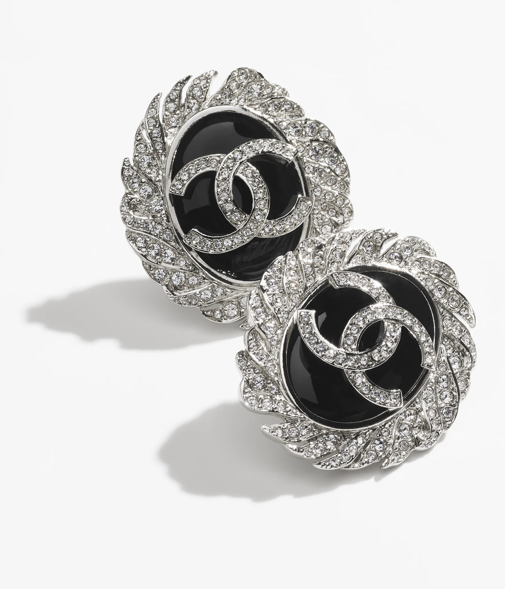 Clip-on stud earrings - Metal, resin & strass, silver, black & crystal — Fashion | CHANEL | Chanel, Inc. (US)
