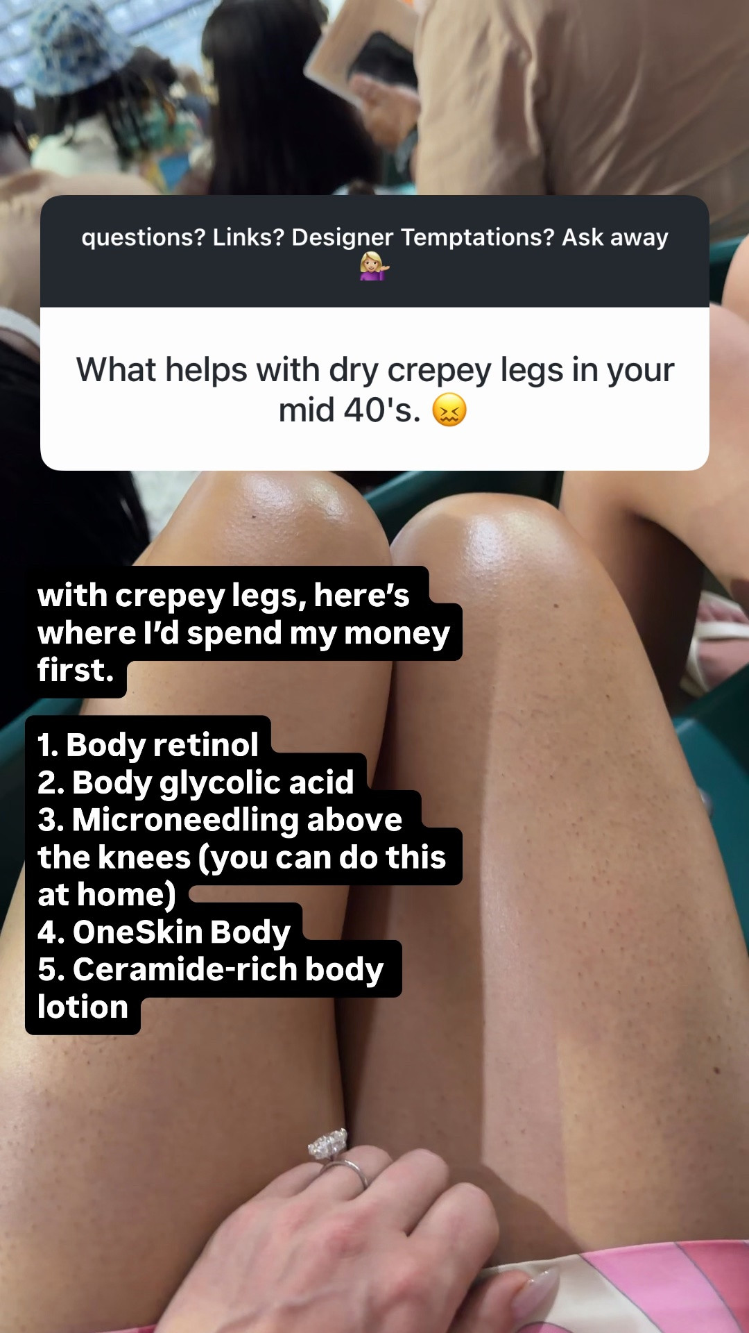 If crepey legs were the problem, here’s how I’d use everything:

1. Body retinol — use at night, 2–3x a week to start. Don’t layer it with glycolic on the same night.
2. Body glycolic — use on opposite nights from retinol, 1–3x a week. Great for smoothing that dry, rough texture.
3. Microneedling above the knees — keep it conservative, super clean, and not on irritated skin. Follow with calming hydration, not actives. I would do this every six weeks. Use hyaluronic acid for slip then apply growth factors immediately after ￼￼
4. OneSkin Body — use daily, especially on non-active nights or in the morning.
5. Ceramide lotion — use every day, ideally right after showering, to lock in moisture and keep the skin from looking dry and papery.

#LTKstorytime #LTKOver40 #LTKBeauty
