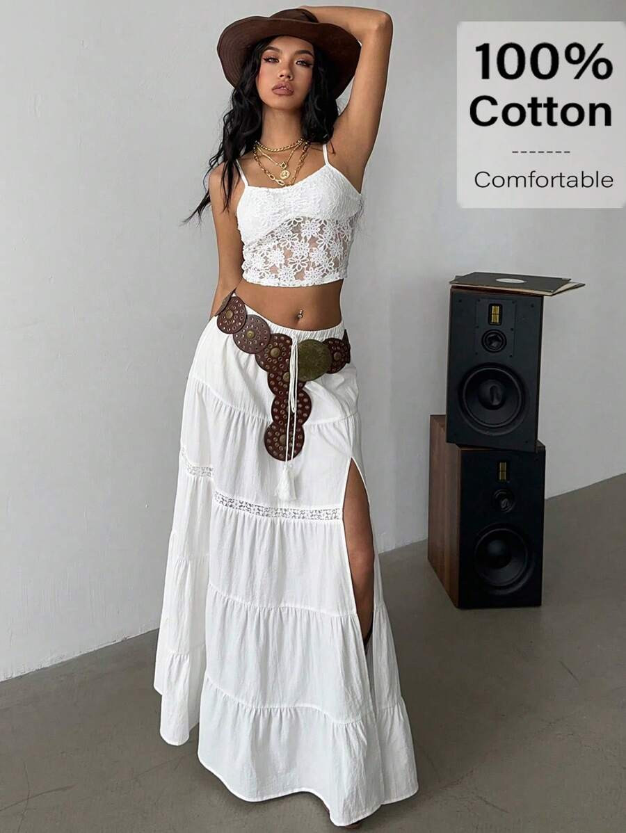 Siren Gaze 2025 Boho Beach Skirts For Women - High-Slit Linen-Blend Tiered Maxi Skirt With Elasti... | SHEIN