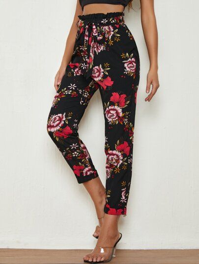 SHEIN Paperbag Waist Self Belted Floral Pants | SHEIN