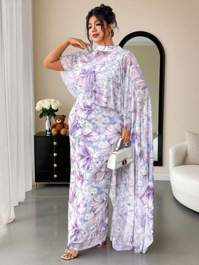 Elenzga Plus Size Women Elegant Knitted Pink Mesh Digital Print Long Dress With Lining, 2 Pieces ... | SHEIN