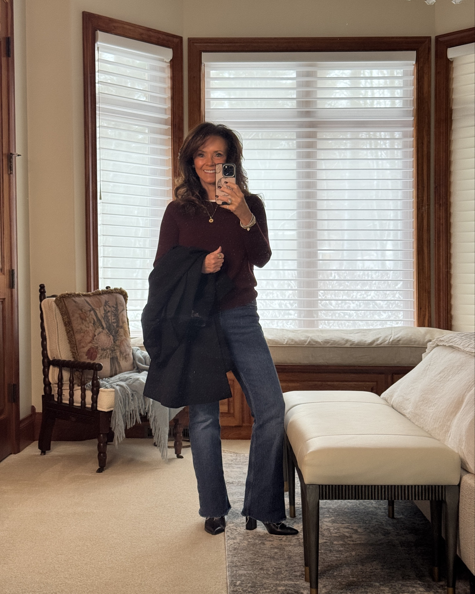 Today’s outfit of the day. My look is casual yet put together enough for a nite out or your Friendsgiving gathering. It begins with a flare denim jean, a white tank layered with a cashmere crewneck sweater, a wool coat (available in petite) and of course, jewelry  
kimbentley, 

#LTKootd #LTKgrwm #LTKPetite