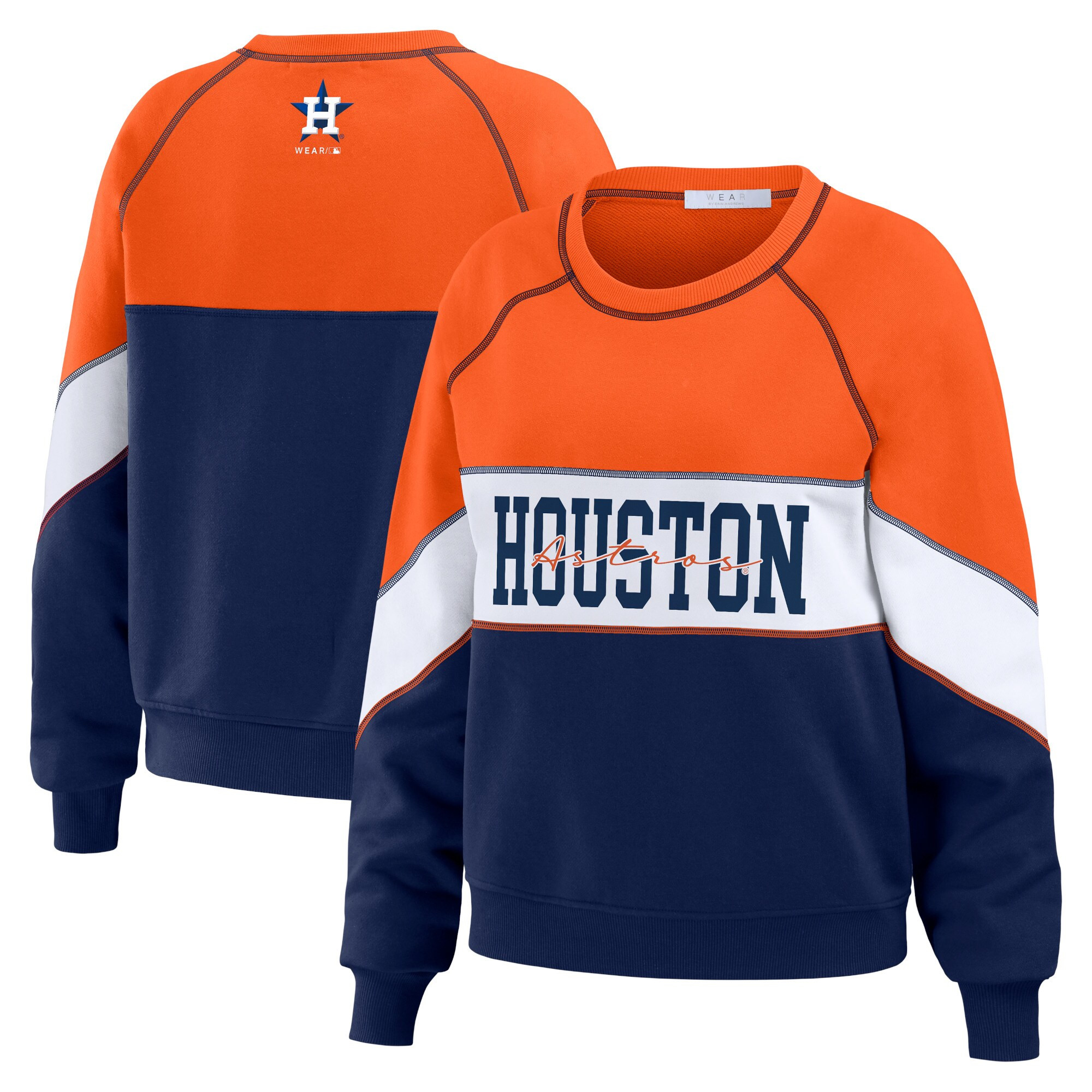 Houston Astros WEAR by Erin Andrews Women's Color Block Crew Neck Pullover Sweatshirt - Orange/Na... | Fanatics