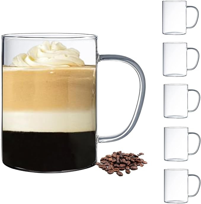 BOQO 16oz Glass Coffee Mugs Set of 6, Ultra Durable Sleek Glass Coffee Cups with Handle,Perfect f... | Amazon (US)