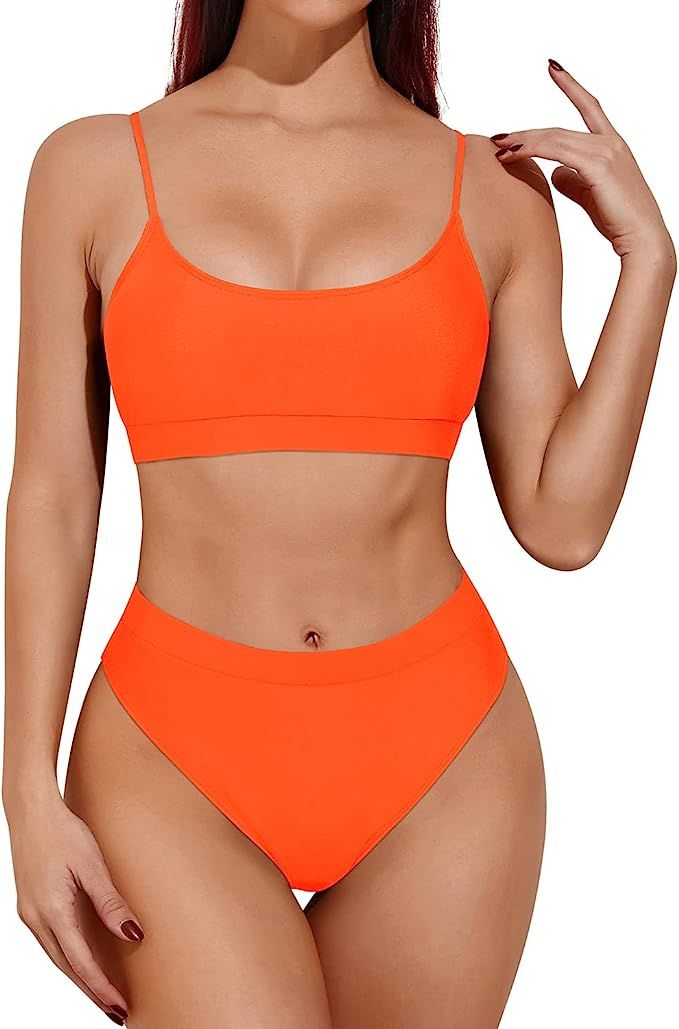Tempt Me Two Piece High Waisted Bikini Sporty Scoop Neck Swimsuits for Women High Cut Bathing Sui... | Amazon (US)