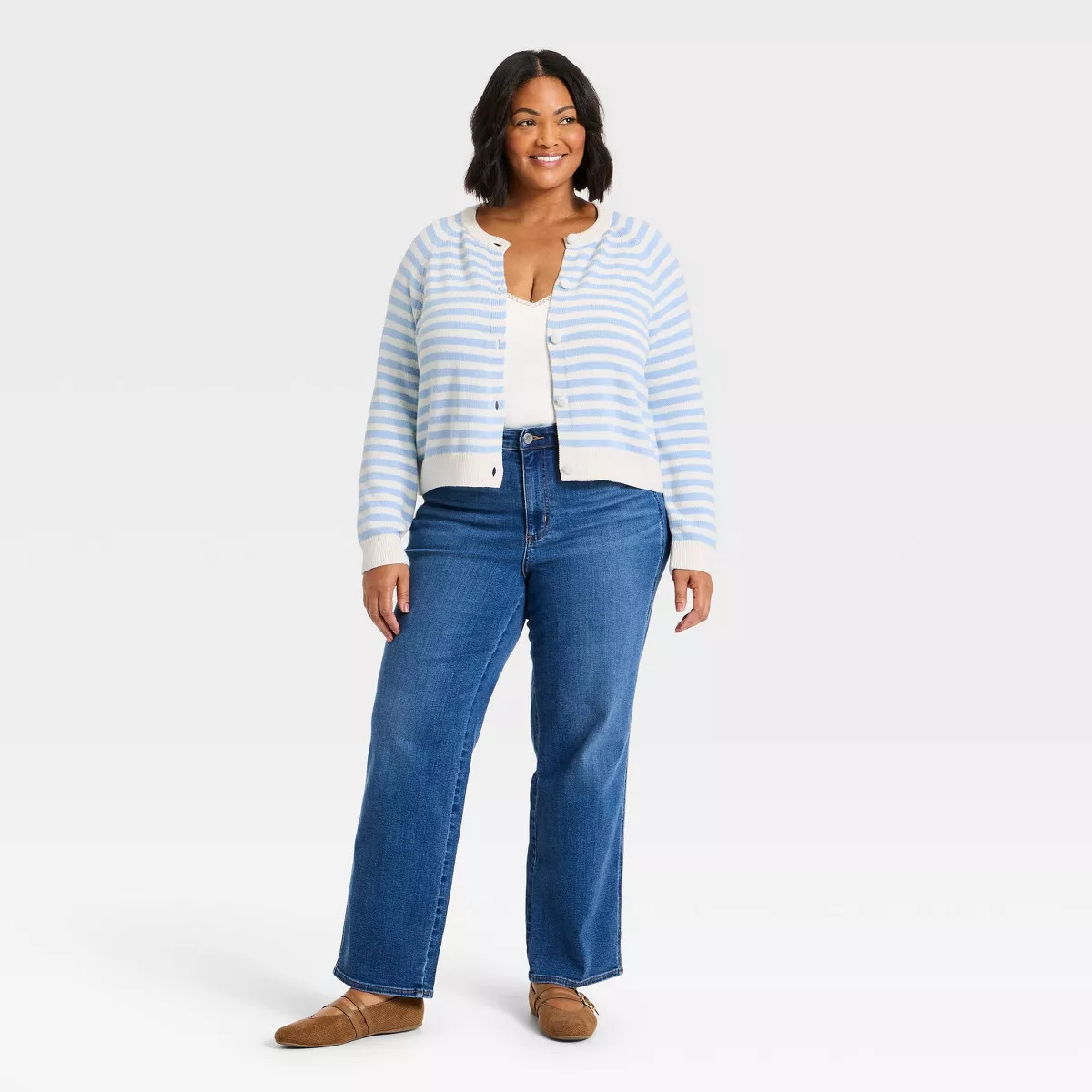 Women's Crewneck Cotton Cardigan - Universal Thread™ Blue Striped XXL | Target