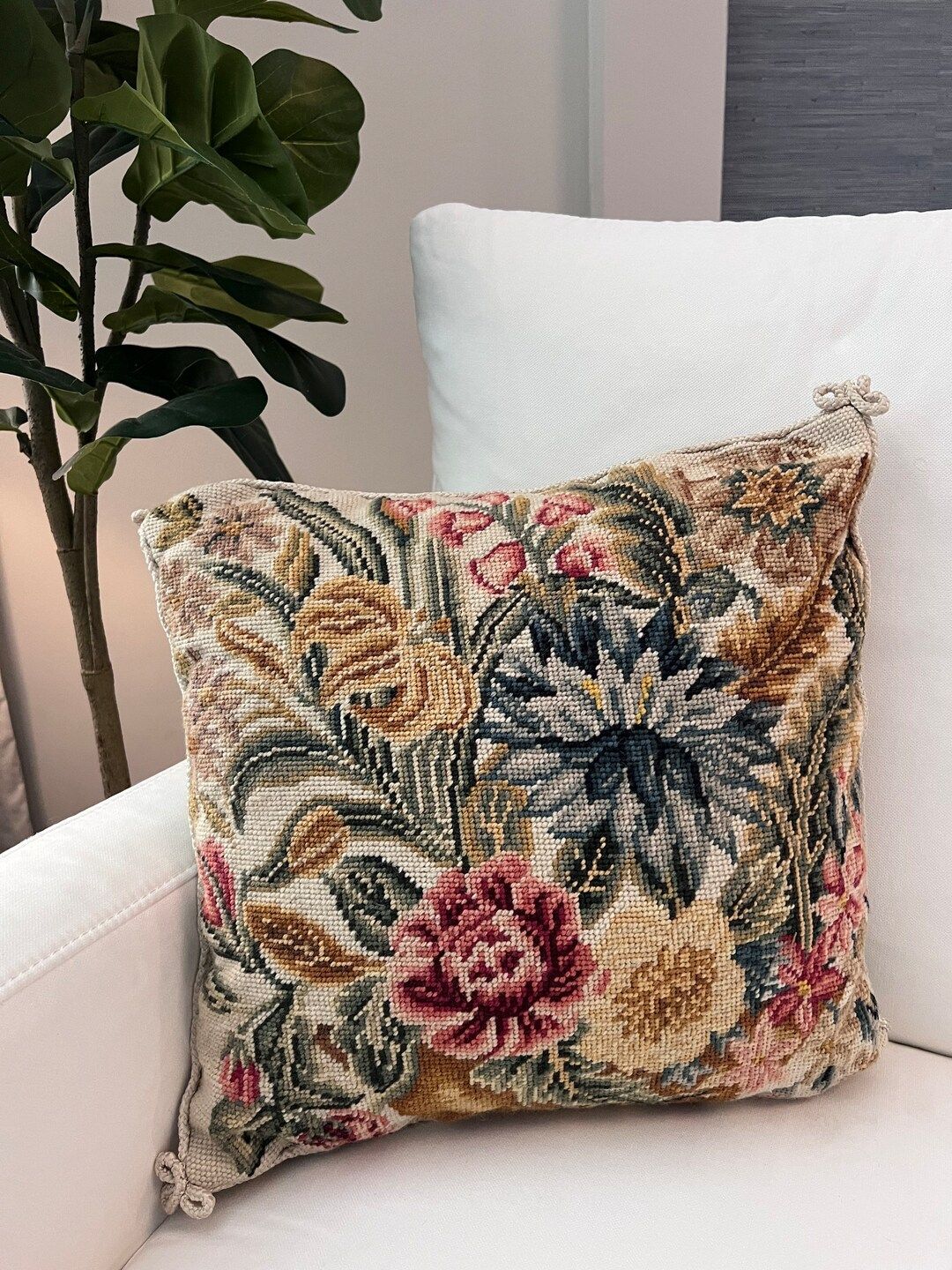 Vintage Needlepoint Floral Pillow 16” x 16” | Etsy (US)
