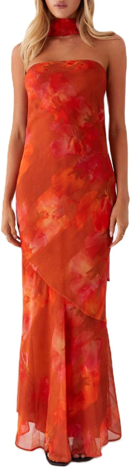 Women Floral Tube Maxi Dress with Scarf Sexy Strapless Backless Mesh Long Bodycon Dresses Party C... | Amazon (US)