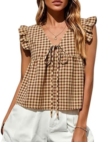 Women's Peplum Tops Summer Gingham Shirt V Neck Ruffle Cap Sleeve Tie Front Top Plaid Babydoll Ta... | Amazon (US)