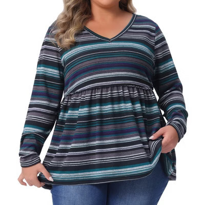 Women's Plus Size Vintage Striped V Neck Long Sleeve Elastic Waist Boho Casual Babydoll Blouse - Agnes Orinda 3X Blue | Target
