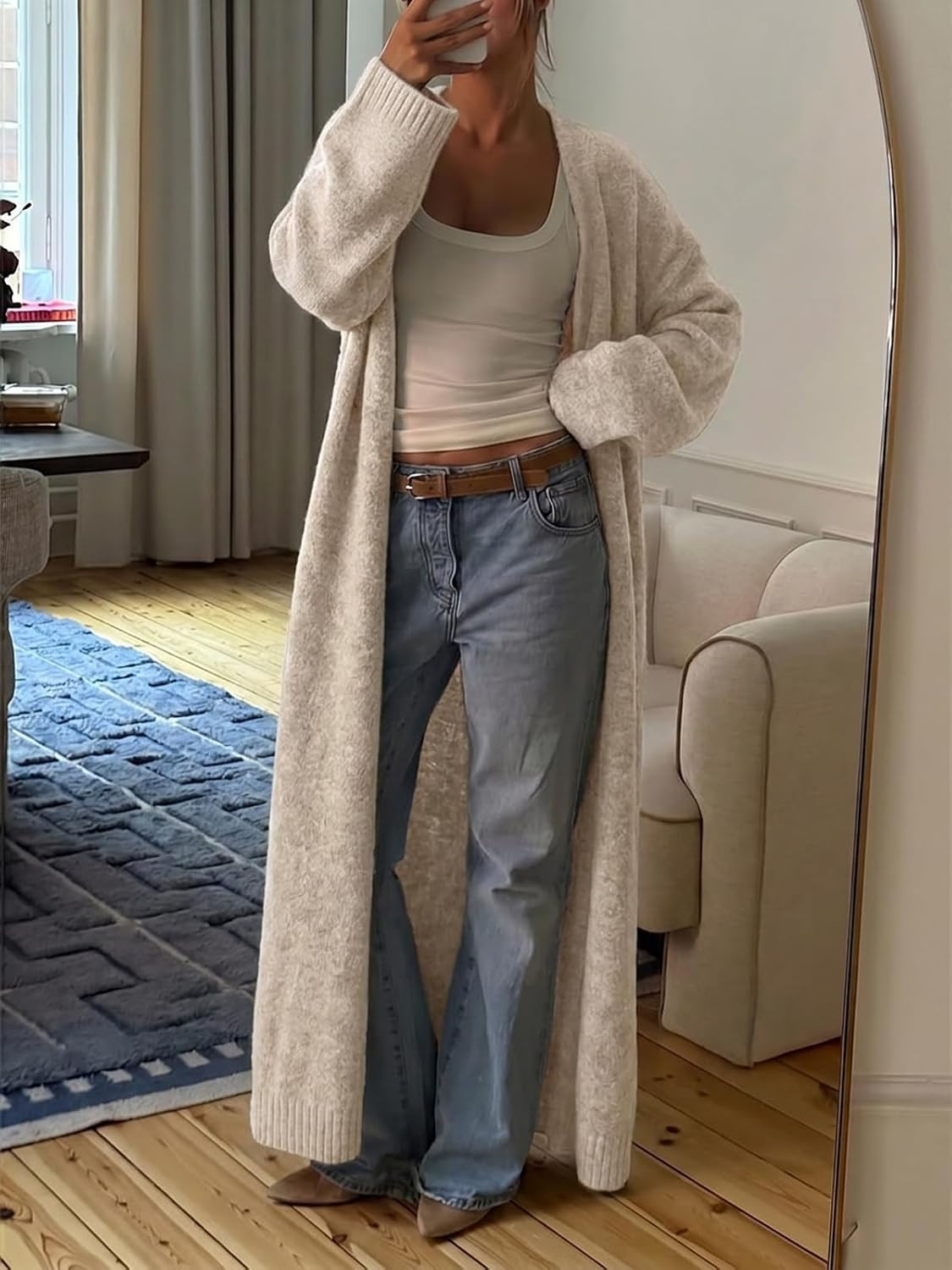 Tankaneo Womens Long Cardigan Sweater Oversized Open Front Coat with Belted | Amazon (US)