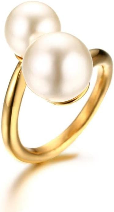 Hisatan Double Simulated Pearl Wrap Ring: gold plated Stainless Steel Large Statement Ring for Wo... | Amazon (US)