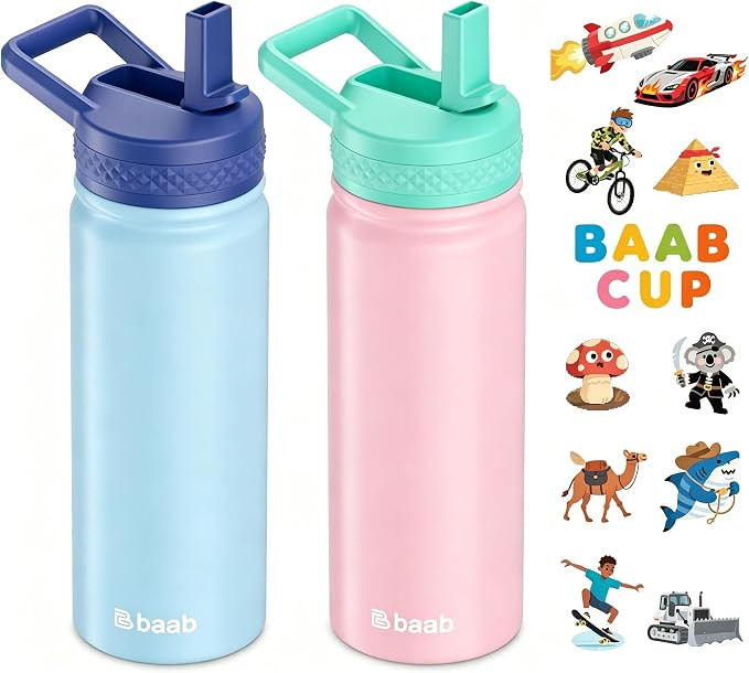 baab 18oz Kids Insulated Water Bottle 18/8 Stainless Steel Straw Cup 2 Pack | BPA-Free, DIY Stick... | Amazon (US)